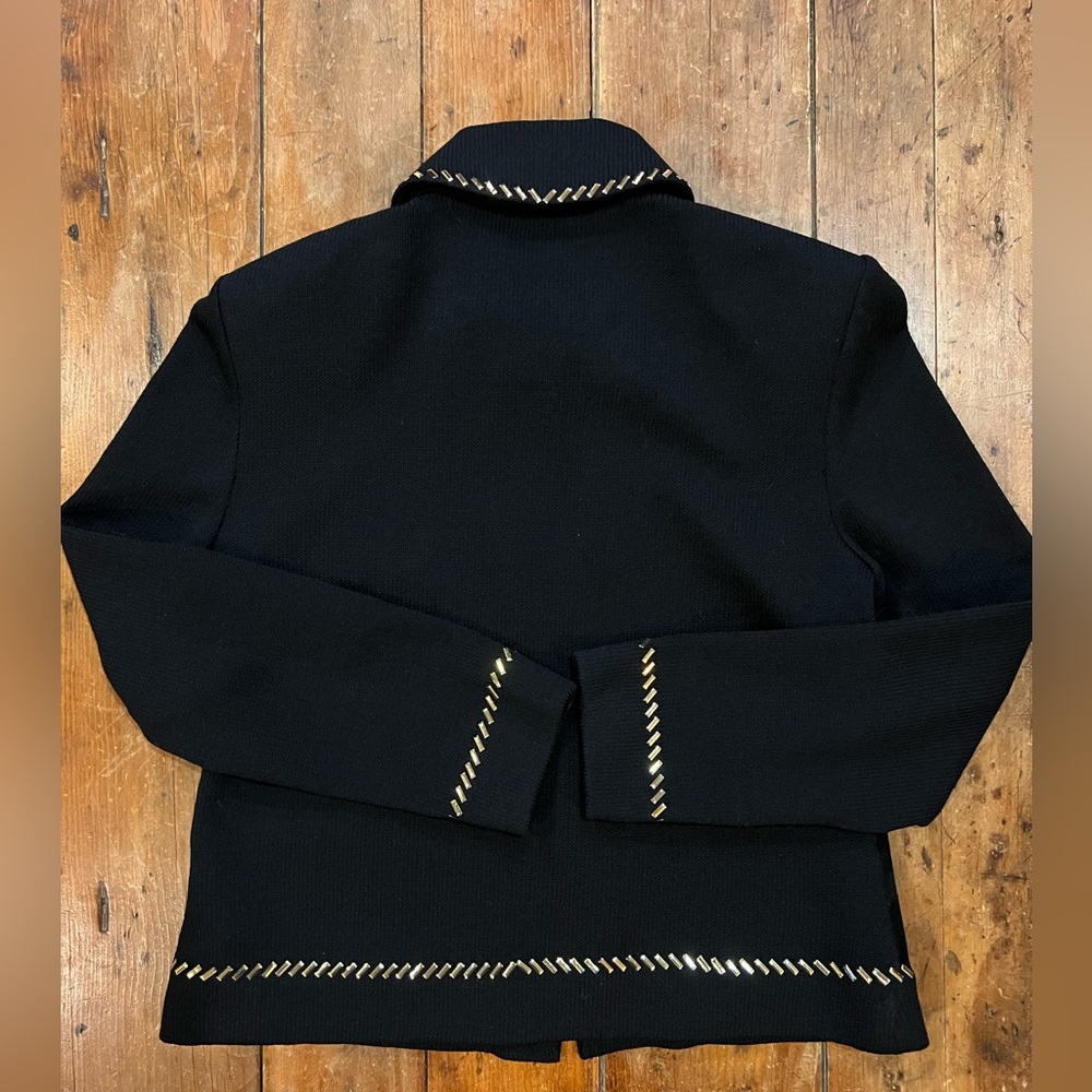 St. John Collection, Marie Gray Knit Suede Front + Gold Hardware Jacket Sweater - Picture 5 of 6